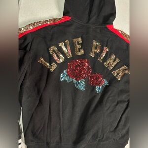 Rose sequin- Victoria secret PINK black sweater with hood. Size small